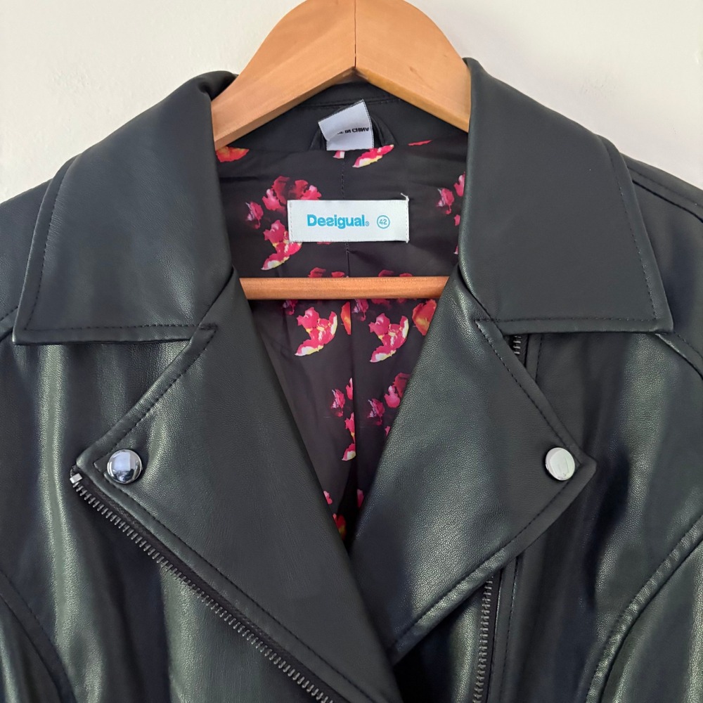 Desigual Moto Jacket 42 Black Floral Knit Sleeve Mixed Media Biker - Picture 5 of 16